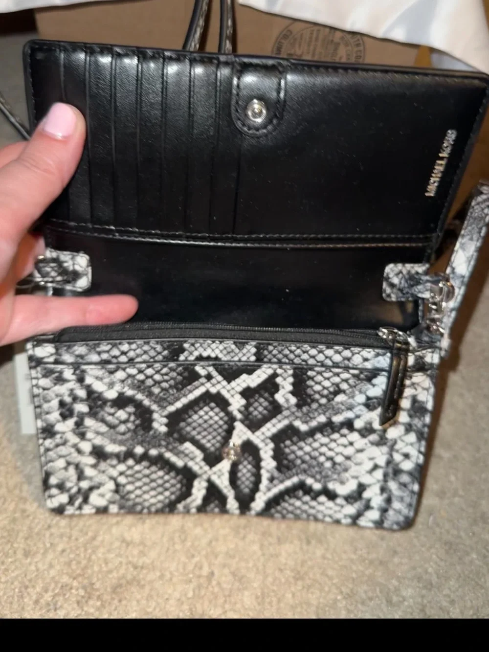 MICHAEL Michael Kors Black and White Snake-Print Crossbody Wallet